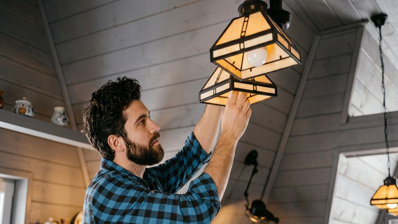 Electrician installing recessed lighting