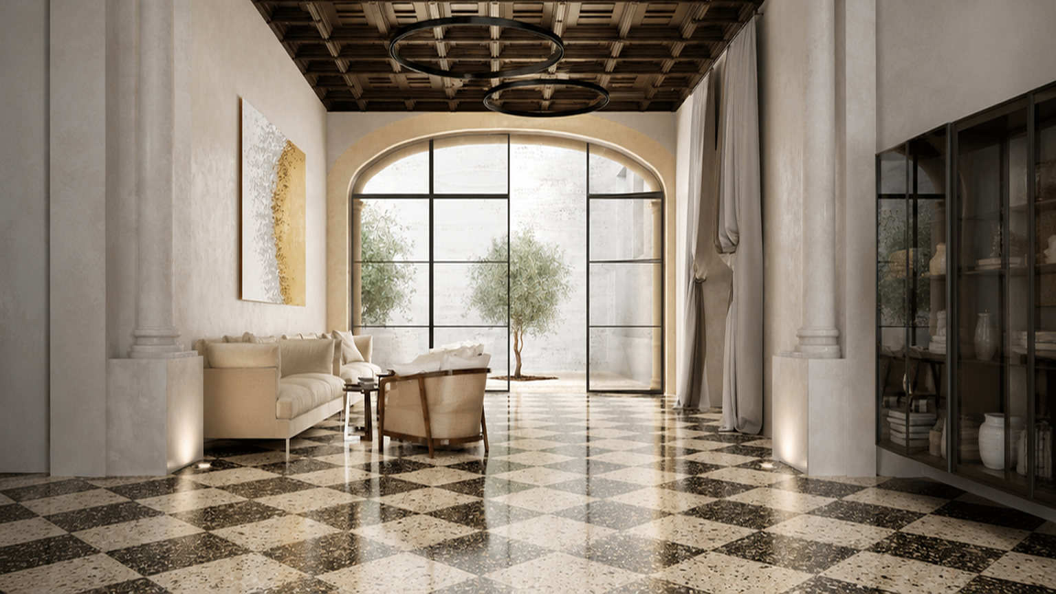 Tile flooring being installed in a bathroom
