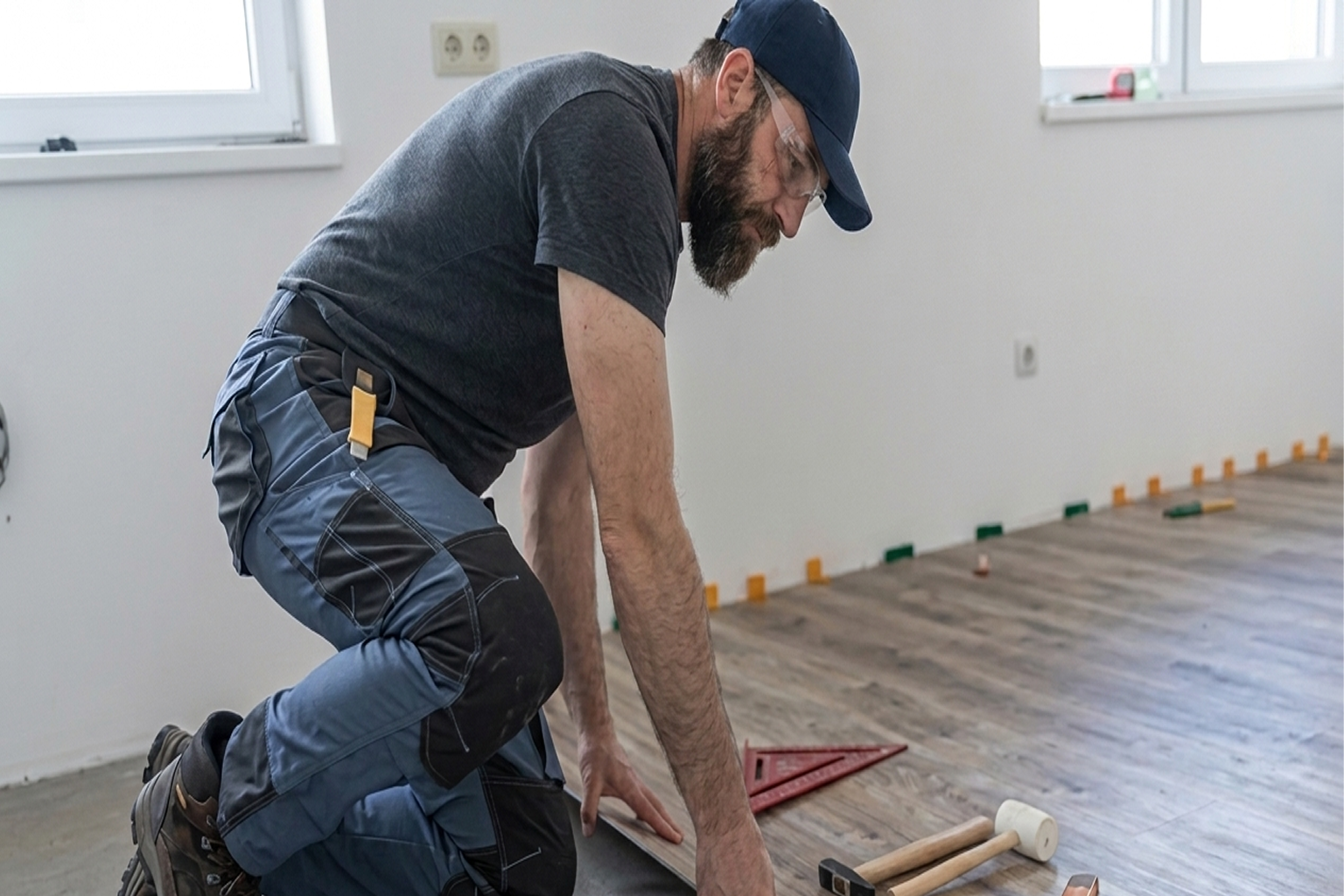 Flooring specialist repairing hardwood