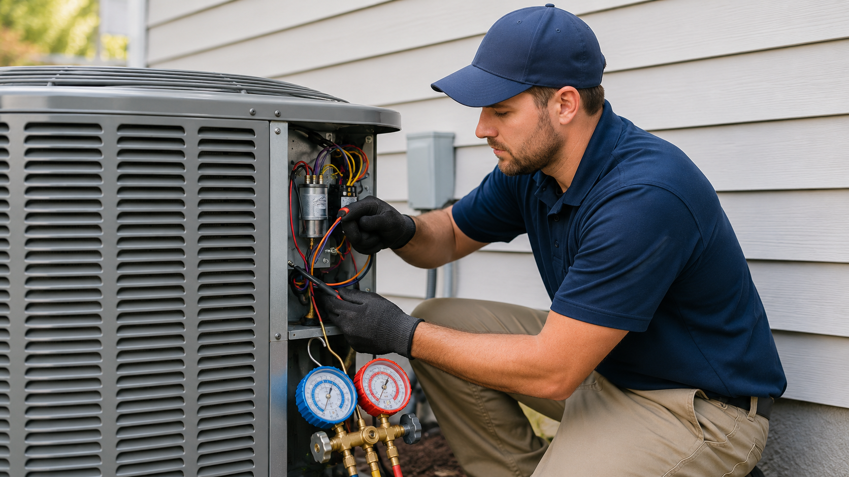 Technician repairing an air conditioning unit