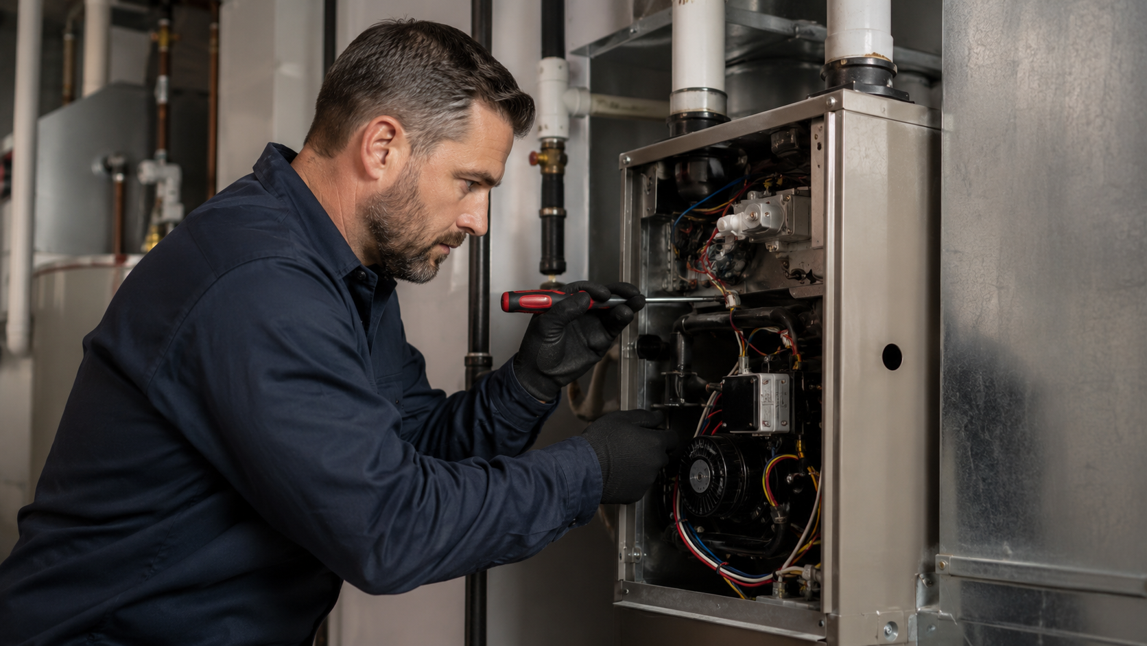 Technician repairing a home heating system