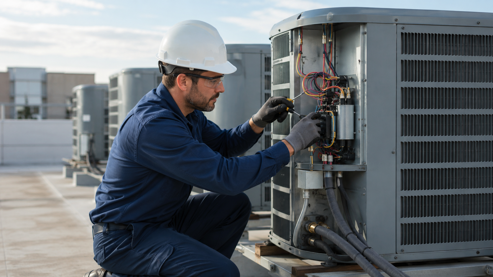 HVAC technician performing system maintenance