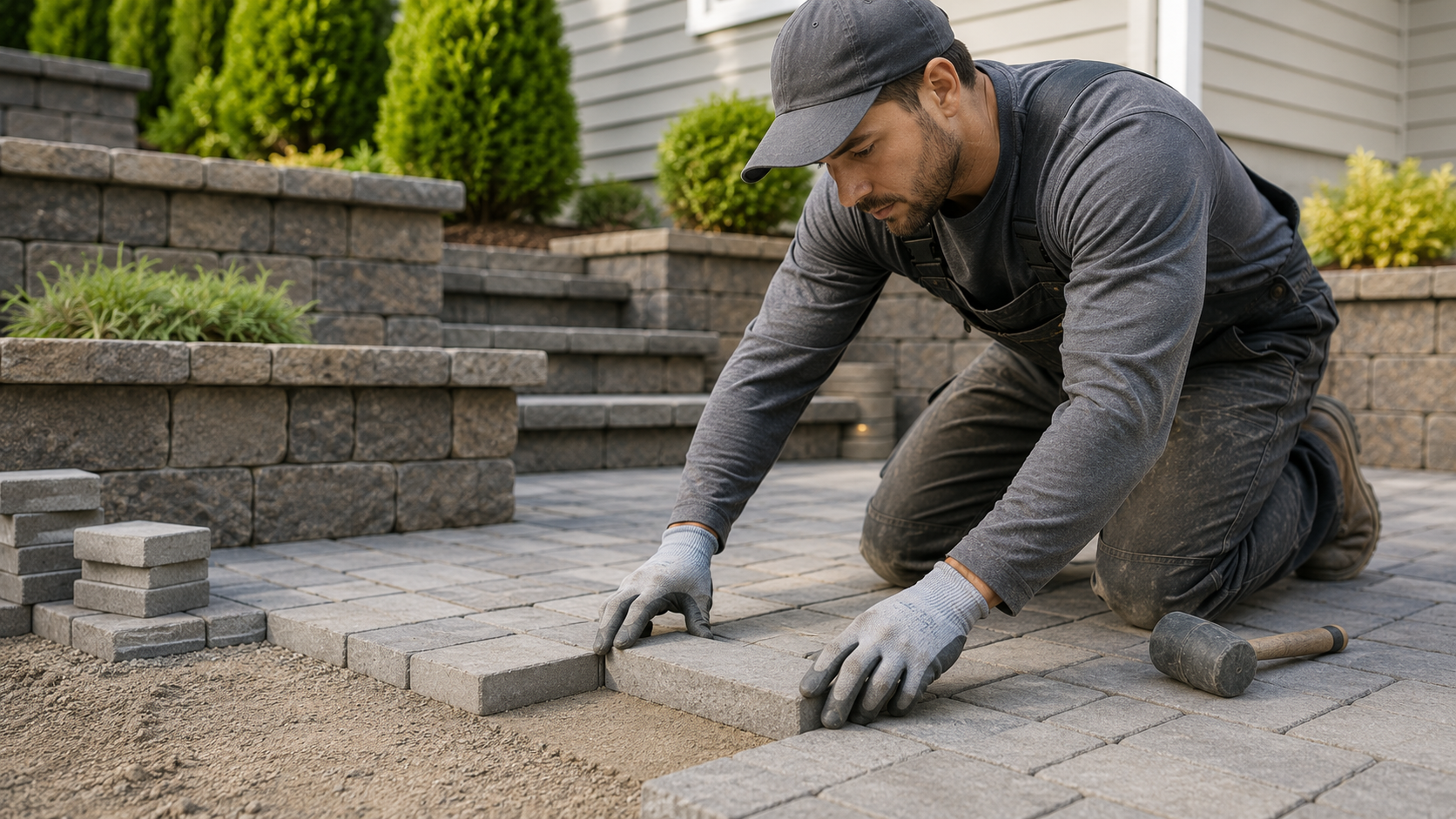 Hardscaped backyard patio with stone pavers