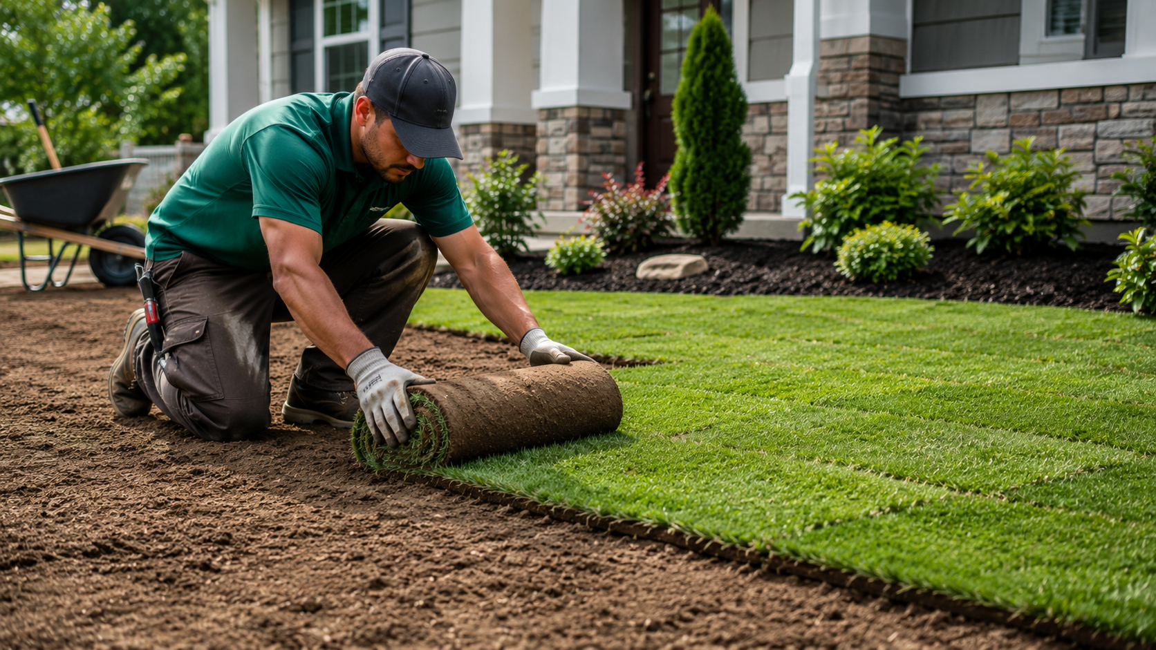 New sod lawn being installed by landscapers