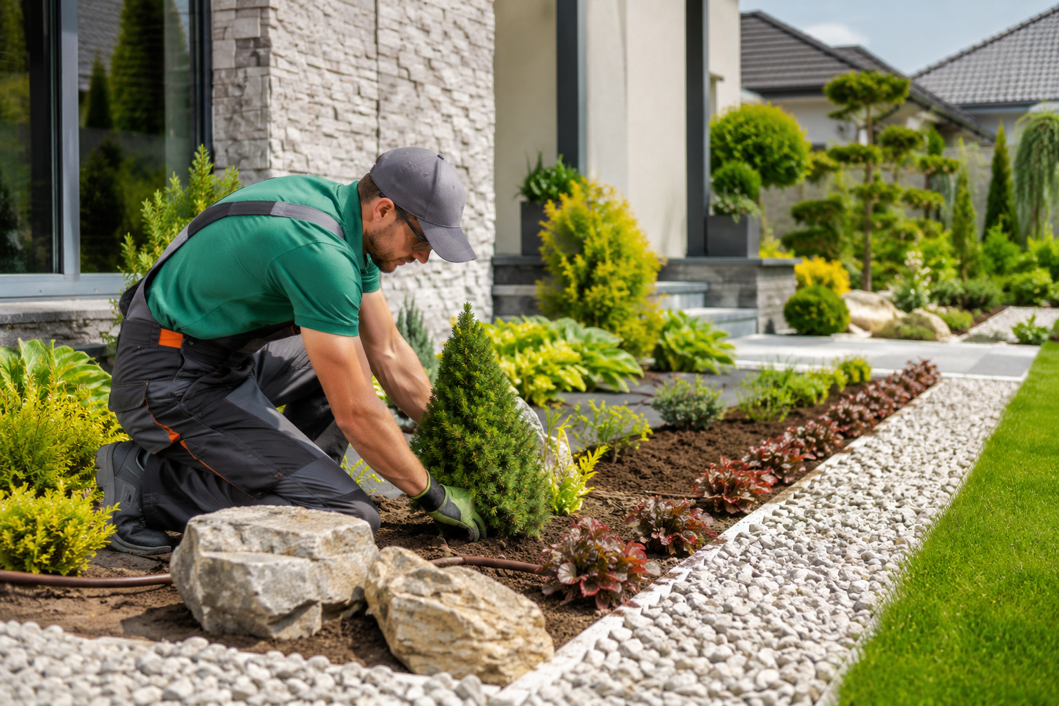 Beautifully designed residential landscape with plantings and paths