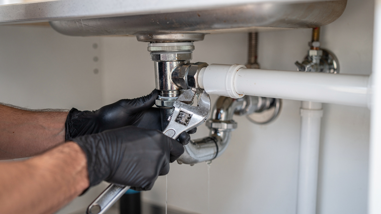 Plumber repairing a leaking pipe