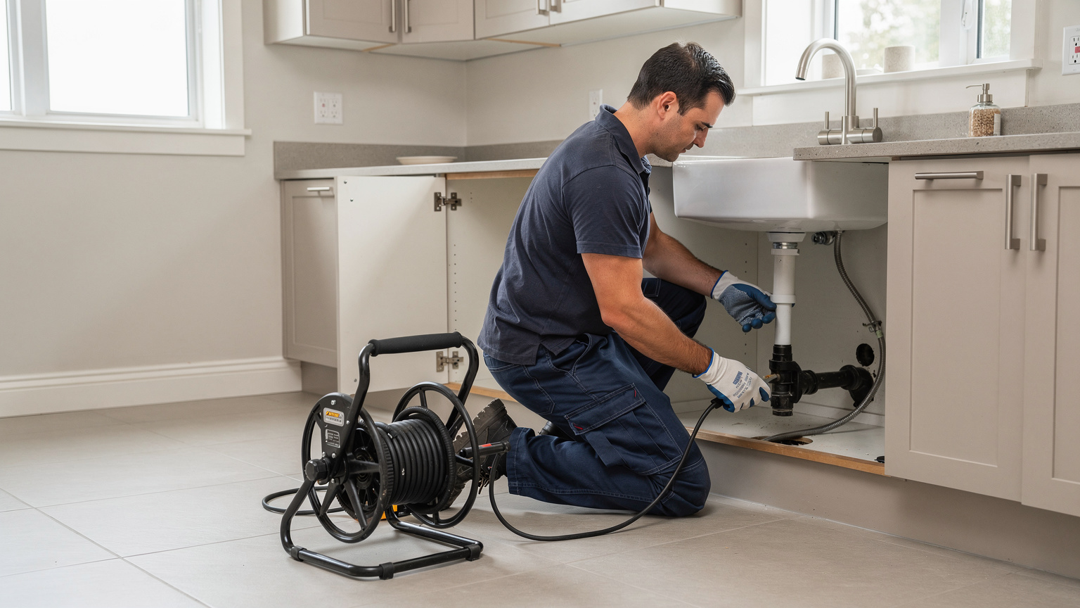 Plumber using a drain snake