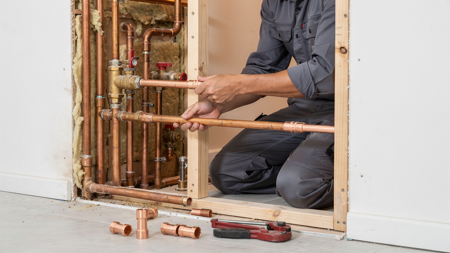 Plumber replacing copper pipe