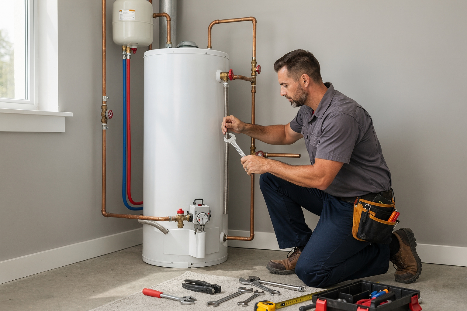 Plumber installing a new water heater