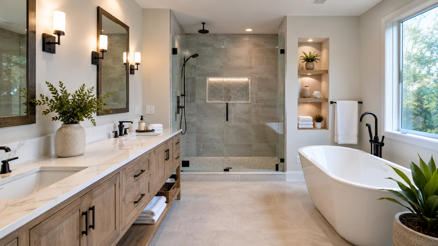Remodeled modern bathroom with new tile and fixtures