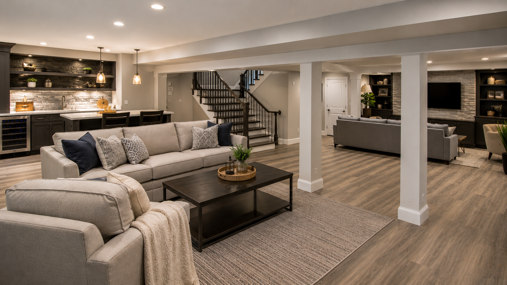 Finished basement converted to a family entertainment room