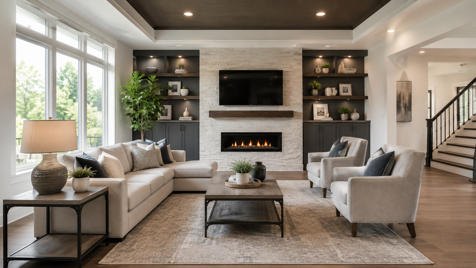 Beautifully remodeled living room with open floor plan
