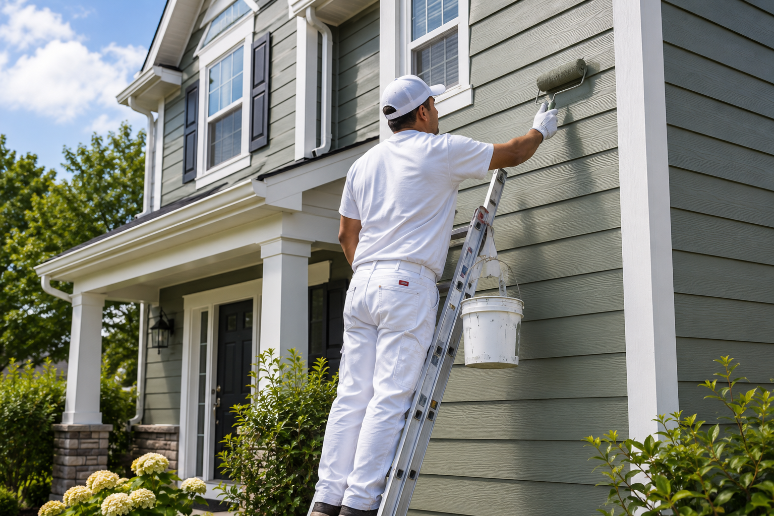 Professional painting the exterior of a home