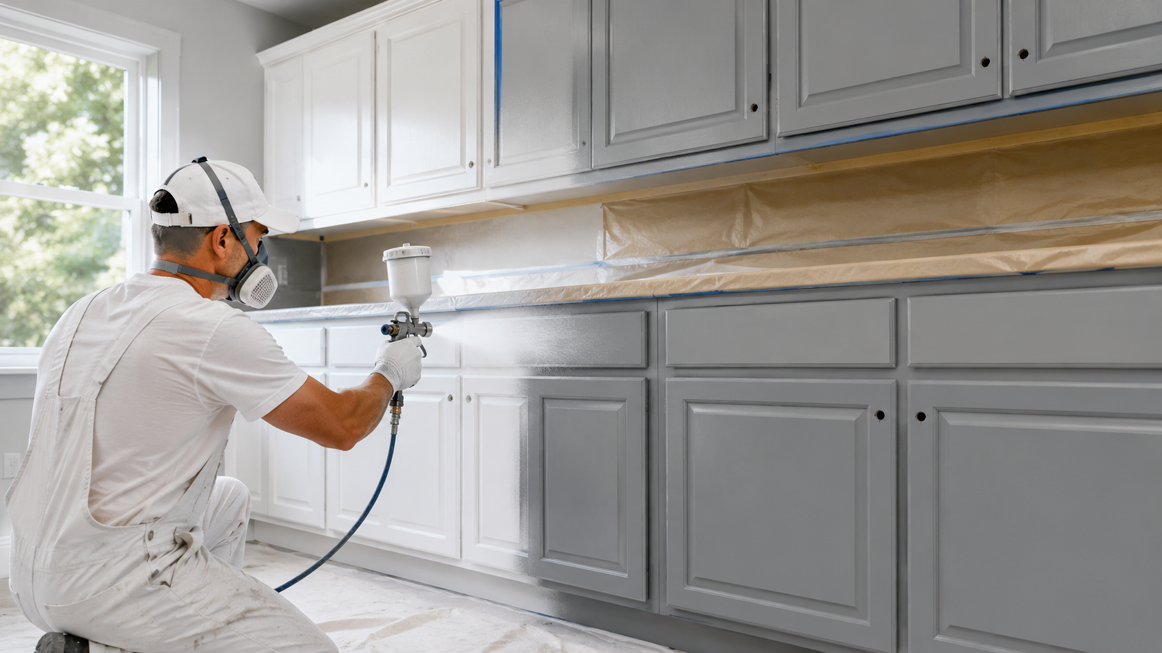 Painter refinishing kitchen cabinets