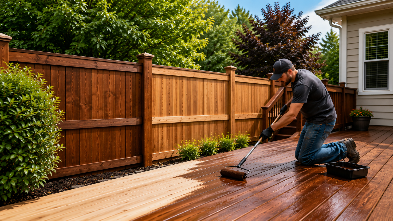 Staining a wood deck