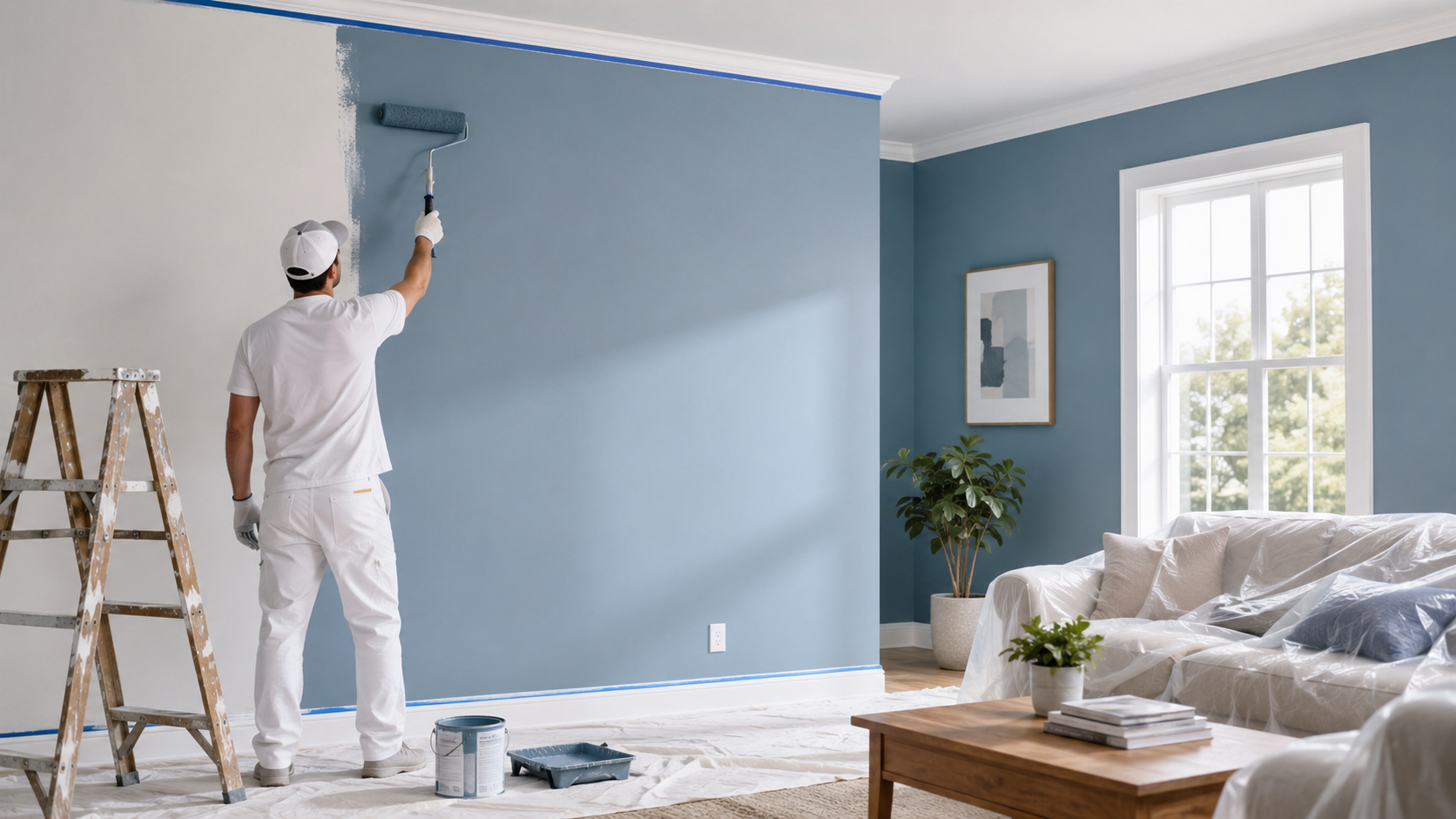 Professional painters painting walls in a modern interior